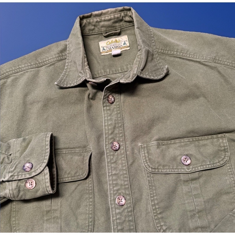 Vintage Cabelas Shirt Mens Large Green Chamois Cloth  Deerskin Soft Work Flannel